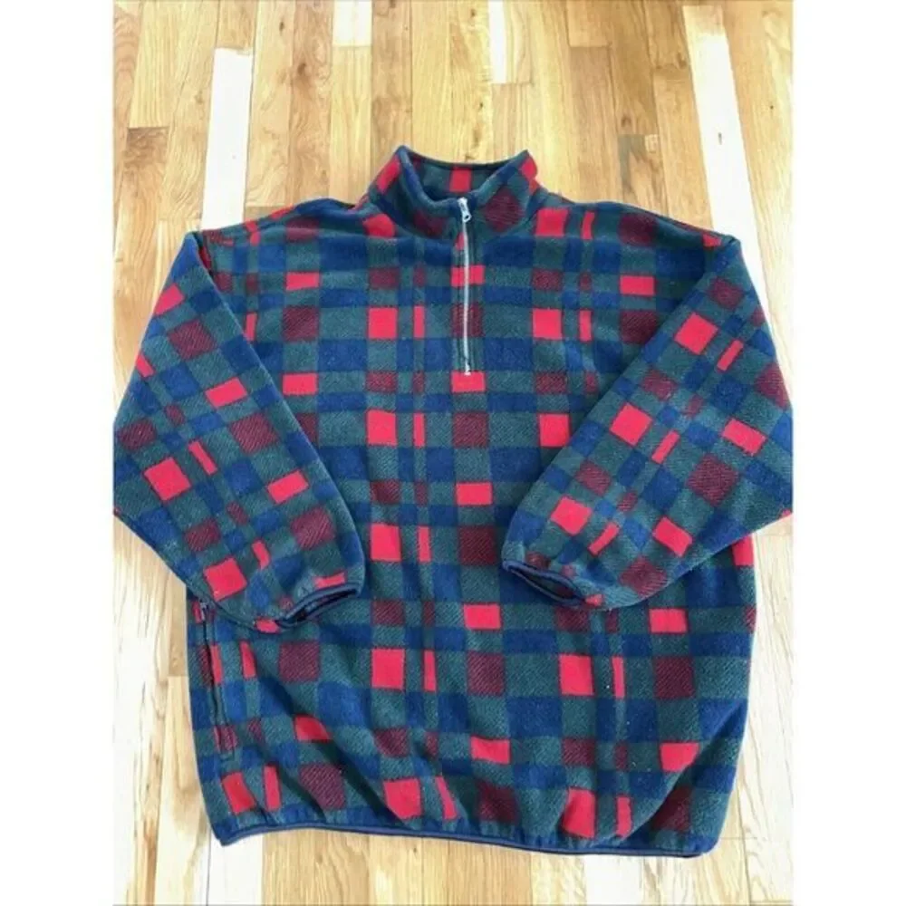 VTG SEARS TRADER BAY WESTERN PLAID FLEECE JACKET 1/4 ZIP RETRO GREEN RED MENS XL